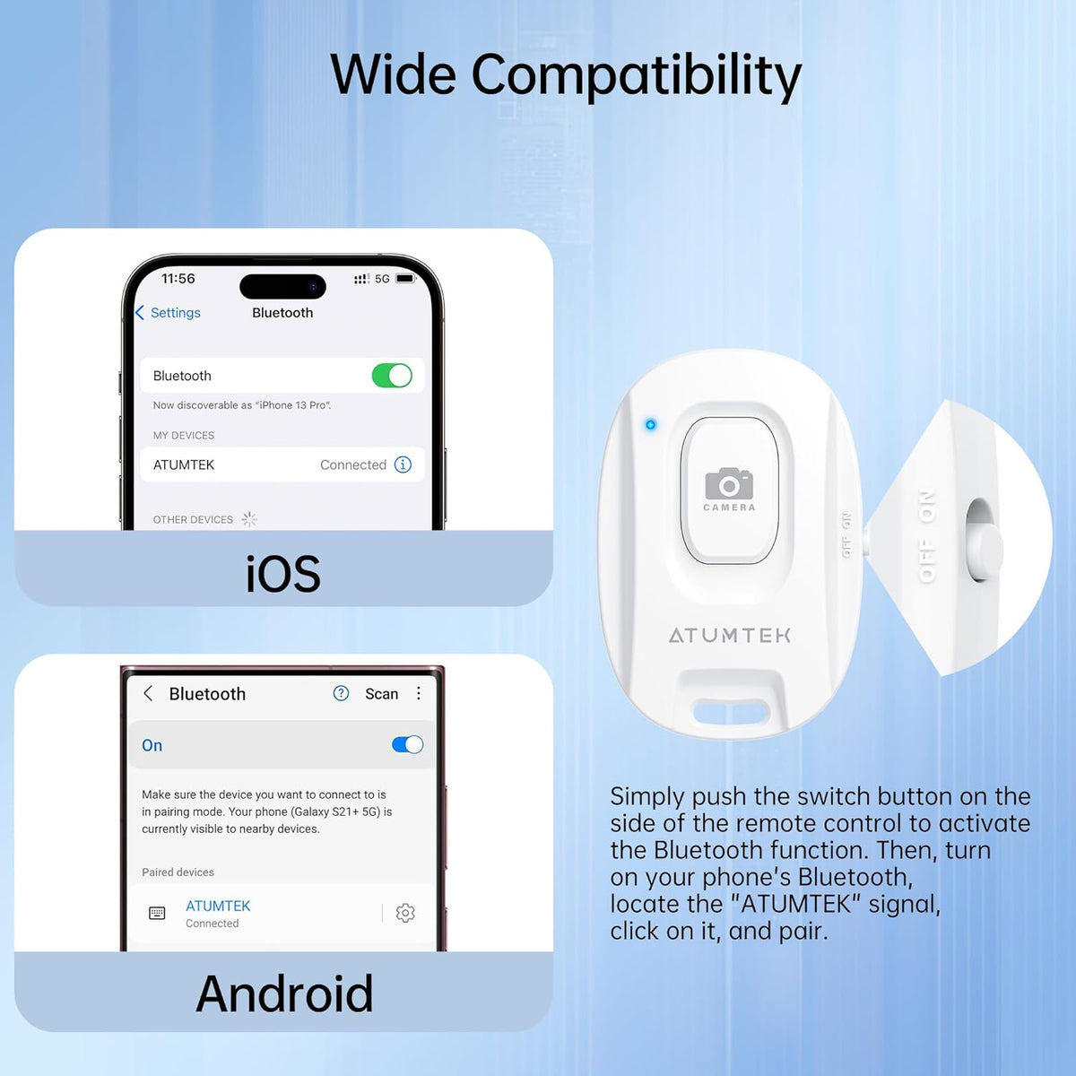 ATUMTEK Camera Remote Shutter for iPhone and Android Smartphones (2 Pack), Wireless Phone Remote Control Selfie Button for Photos and Videos (Bluetooth 5.2), Wrist Strap Included, White