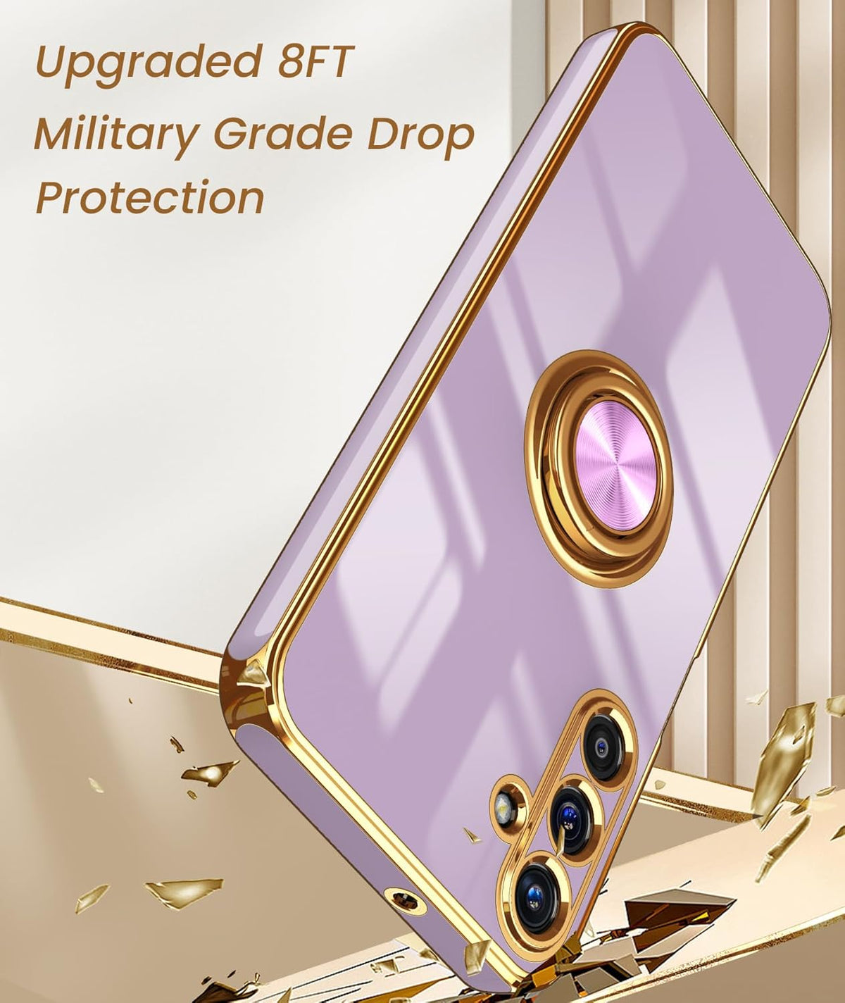Dretal Galaxy A15 5G Case - Slim TPU, Screen Protector, 360° Rotatable Ring Holder, Magnetic Kickstand, Gold Edge