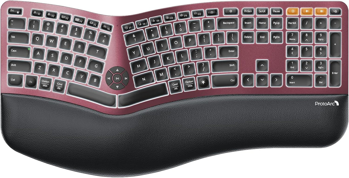 ProtoArc Backlit Bluetooth Ergonomic Keyboard, EK01 Plus Full Size Wireless Split Keyboard with Dual Bluetooth and USB, Cushioned Wrist Rest, Rechargeable, Compatible with Windows/Mac, Wine Red
