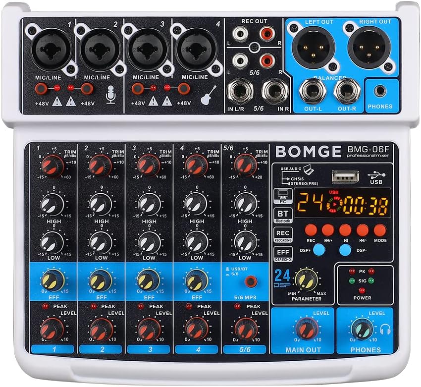 BOMGE 6 Channel mini DJ Audio sound mixer console with USB interface, Bluetooth, Stereo Recording, 48V Phantom Power, 24 DSP effects for karaoke, singing, live，streaming，pc recroding. (white)