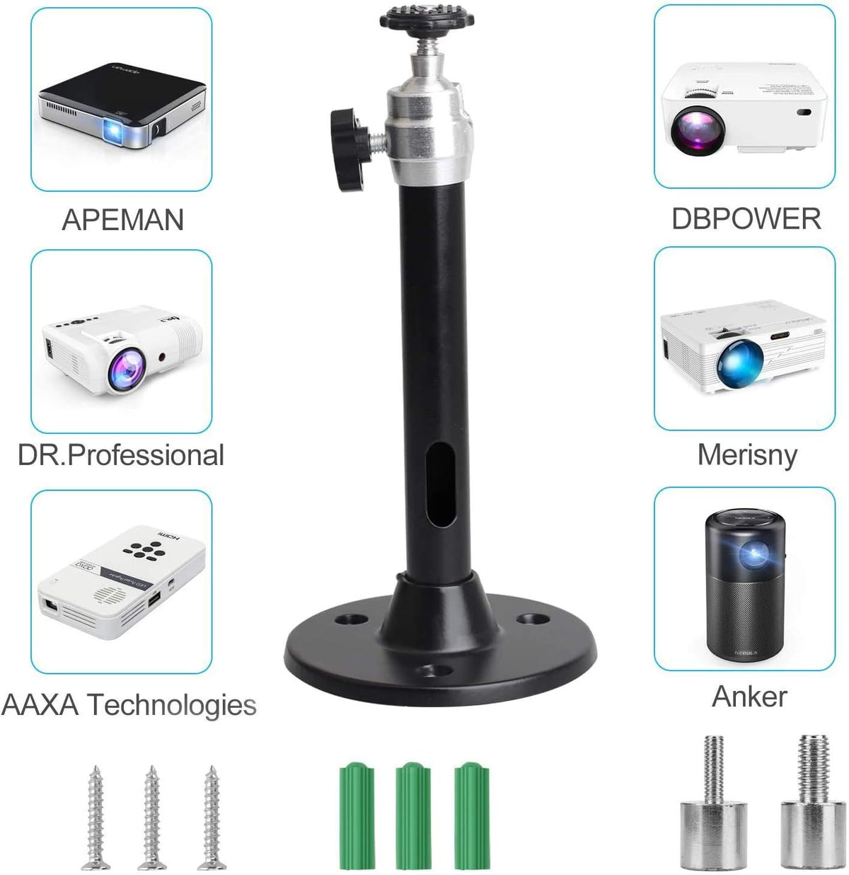 Mini Ceiling Wall Projector Mount Stand, Compatible with QKK, DR.J, DBPOWER, Anker, VANKYO, and More (175mm, Black)