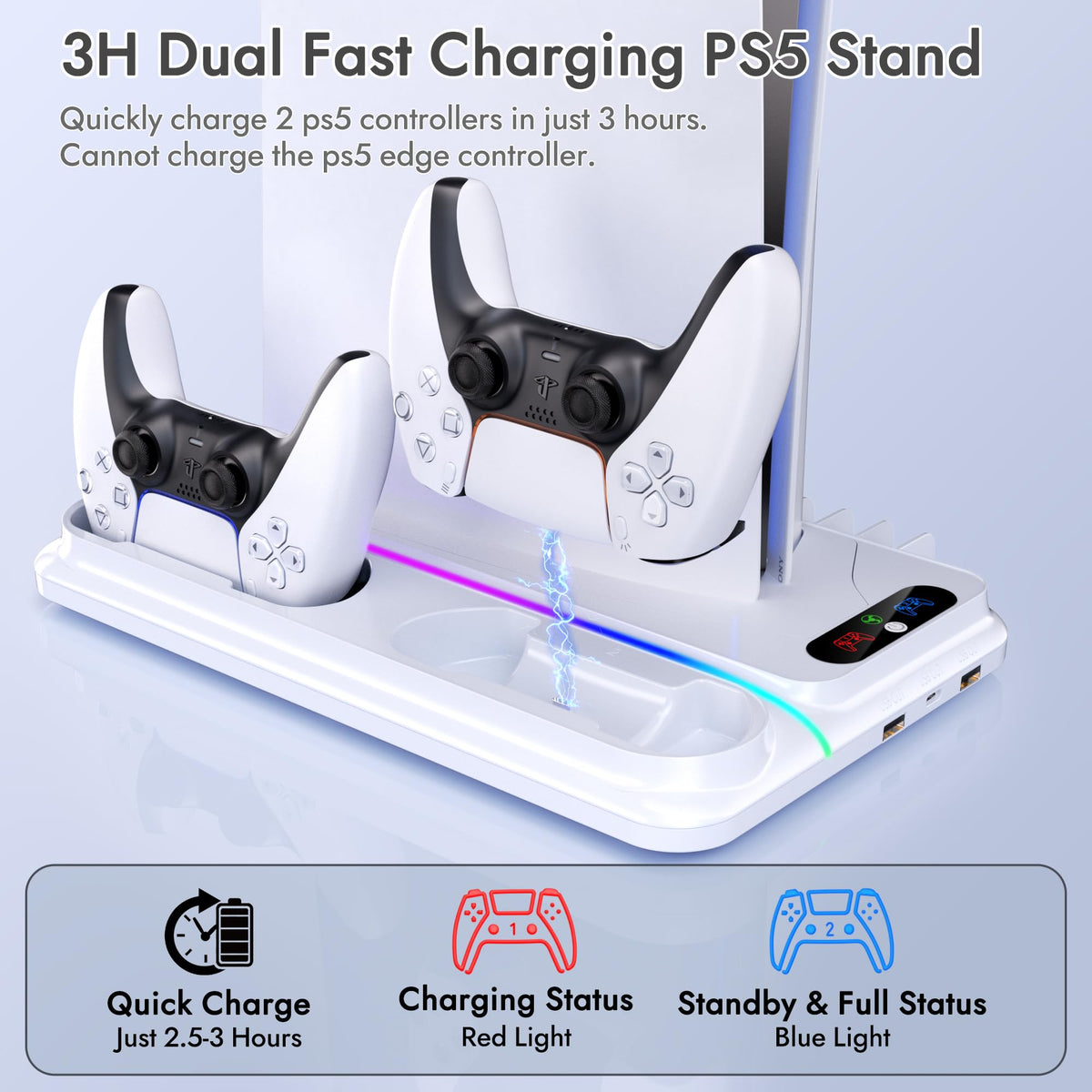 PS5 Cooling Station for PS5/Slim/Pro Disc Digital Console,PS5 Fan Cooling Fan with Dual PS 5 Controller Charger,3 Level Fan, RGB Light,12 Slot