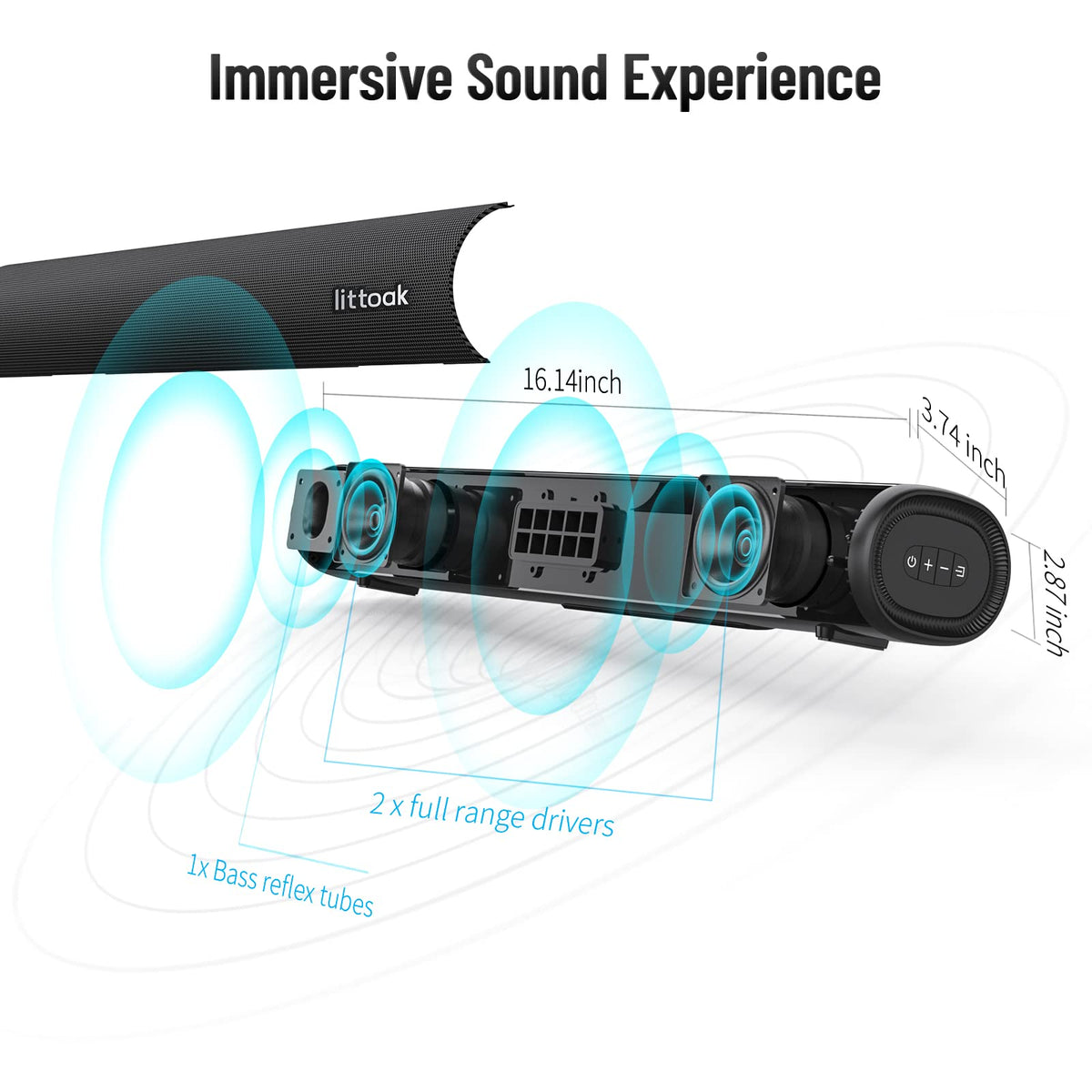 LITTOAK Sound Bar for TV, BT 5.0 Soundbar, 50 Watt 16 Inch Soundbars for Home Audio, Gaming, Projectors, TV Speakers Supports HDMI