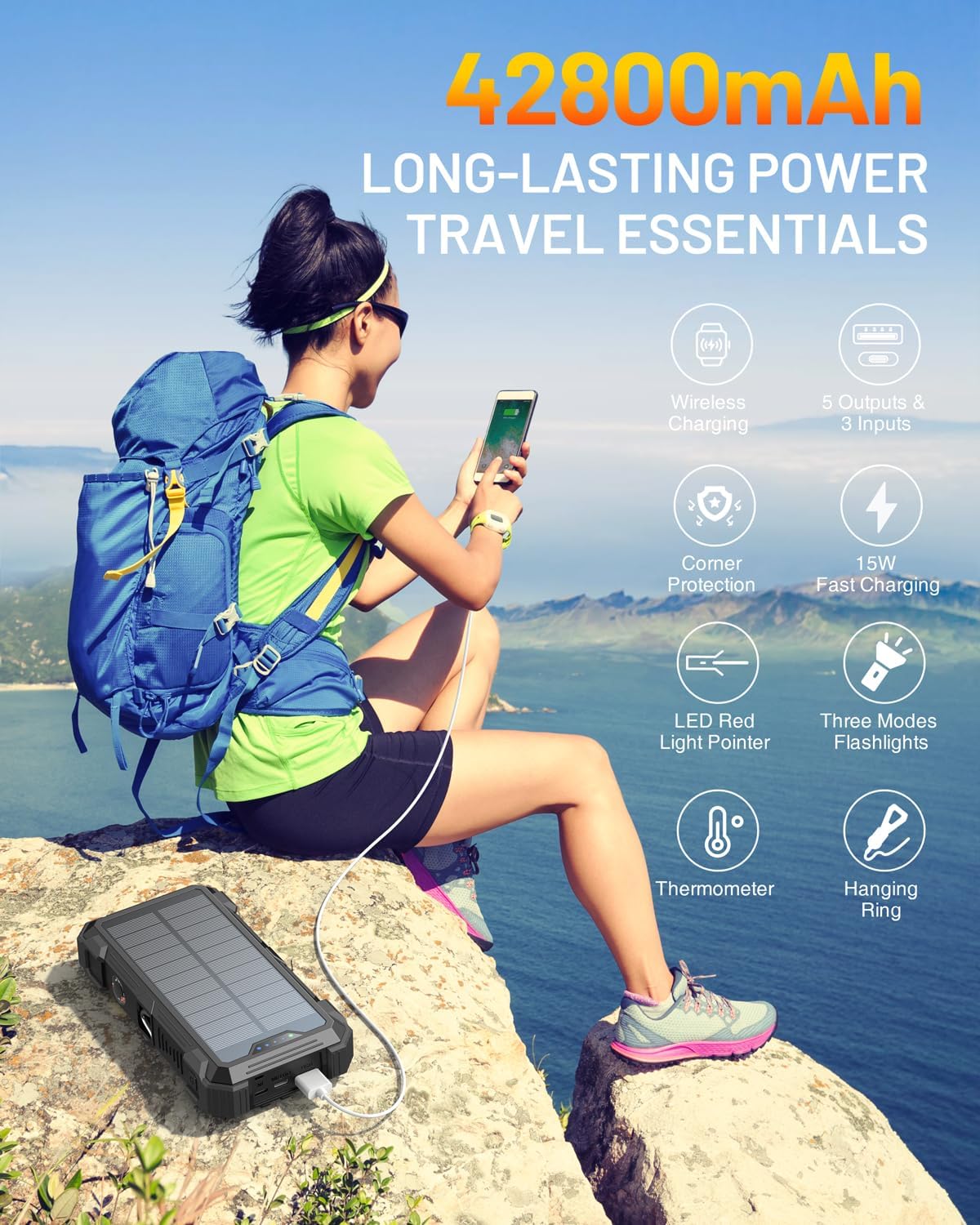 GOODaaa Solar Power Bank, 42800mAh Portable Charger 20W Fast Charging External Battery Pack Built in 4 Cables, Wireless Charging Power Bank for Apple Watches with Flashlight, Carabiner,Thermometer