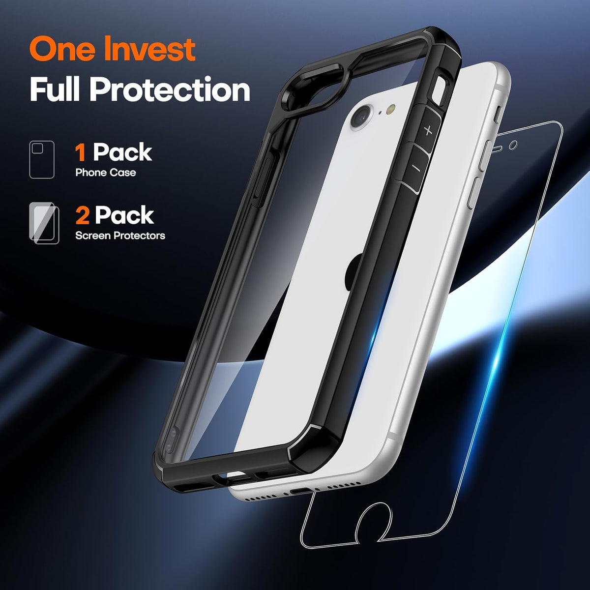 TAURI Slim iPhone SE Case 2022/3rd/2020/2nd, iPhone 8/7, Military Grade Drop Protection, Black + 2X Tempered Glass
