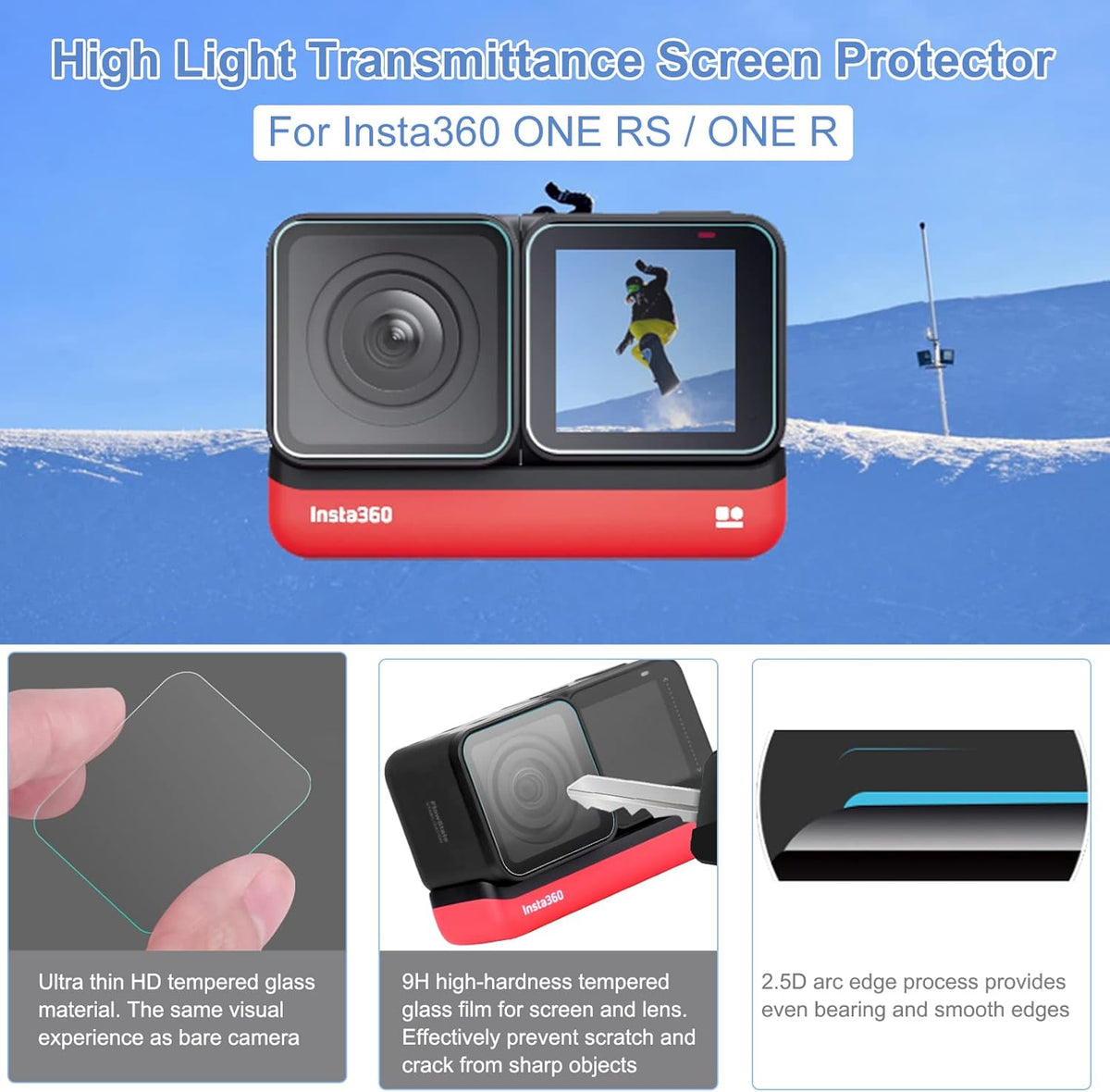 Sticky Lens Guards + Screen Protector for Insta360 ONE RS/ONE R, Twin Screen Protector Tempered Glass Film