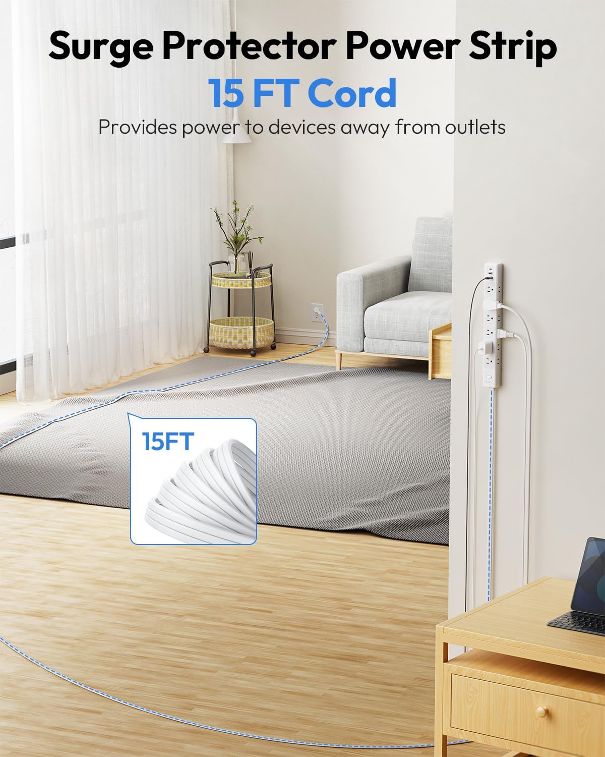 Flat Heavy Duty Extension Cord 15 FT - NTONPOWER Long Surge Protector Power Strip with 12 AC Outlets and 3 USB Ports