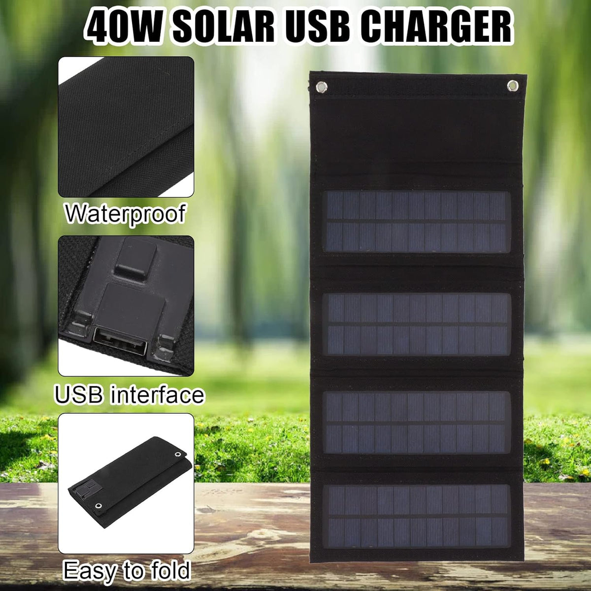 40W 4 Fold Solar Panel Charging Bag, Folding Bag for Outdoor Camping, Hiking, Emergency Charging (Black)