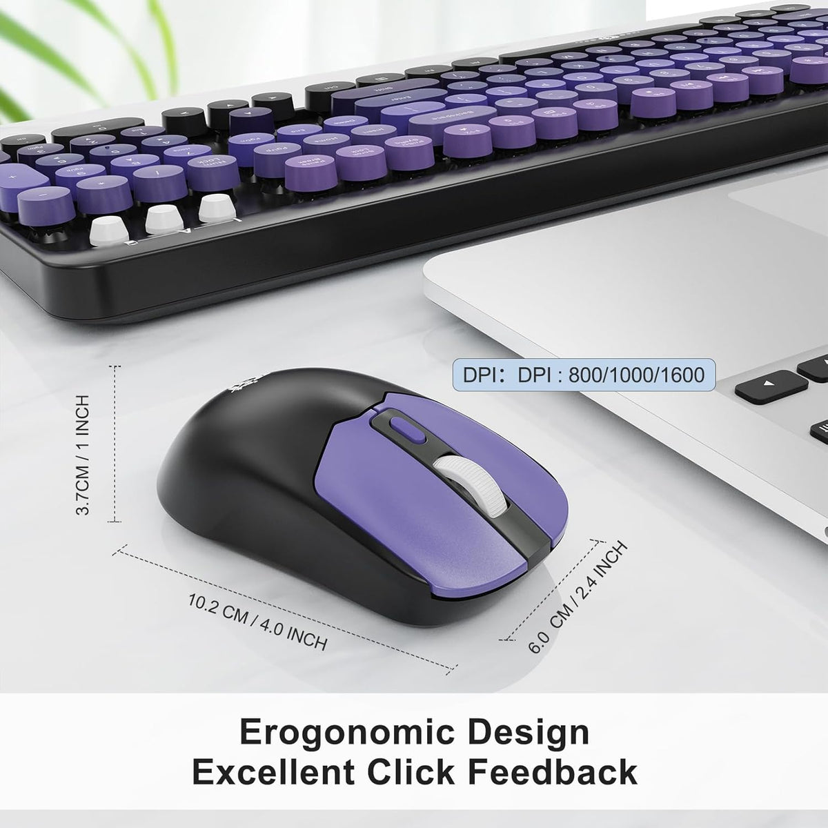 Wireless Keyboard and Mouse Combo, 104 Round Keys Cute Colorful Keyboard and Mouse with Retro Typewriter for PC/Mac/Laptop/Tablet/Computer/Windows Black Purple
