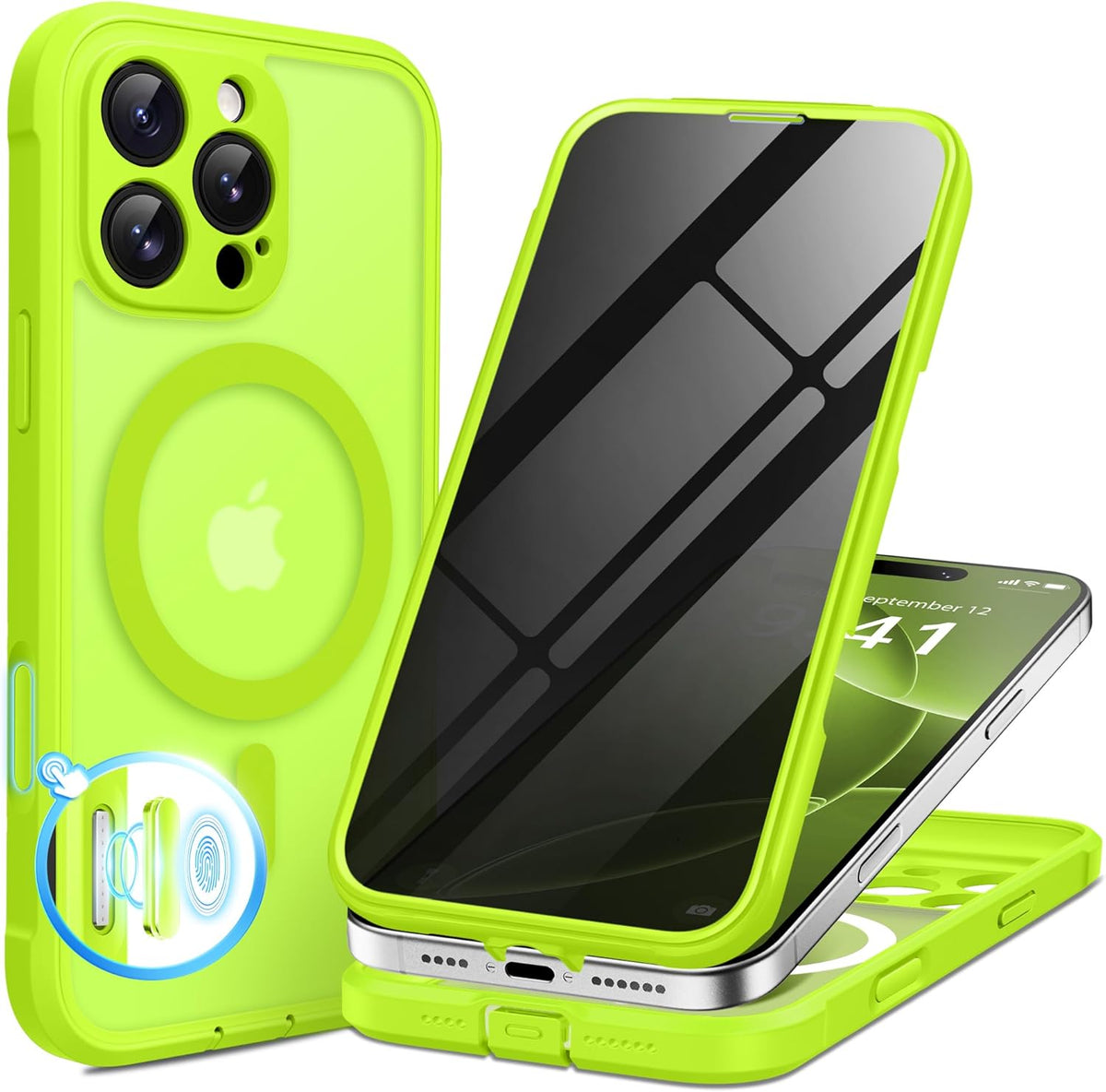 BERFY Magnetic for iPhone 16 Pro Case, Compatible with MagSafe, Built-in Privacy Screen Protector and Upgraded Camera Protection, Anti-Spy Full Body Shockproof Phone Case for 16 Pro 6.3", Bright Green