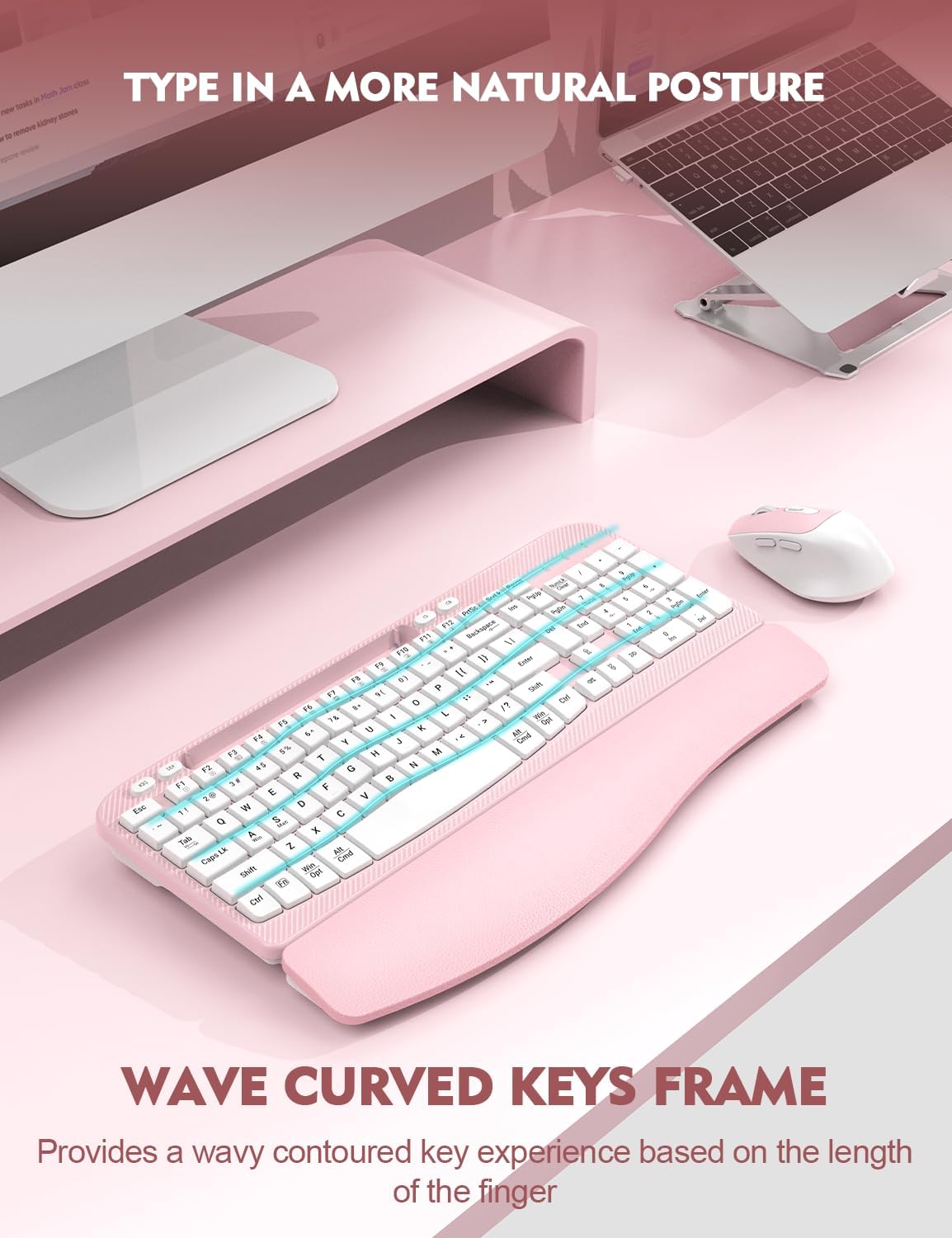 Wireless Keyboard and Mouse Combo, EAYBLLY Wave Keys Ergonomic Keyboard with Wrist Rest, 2.4GHz Set