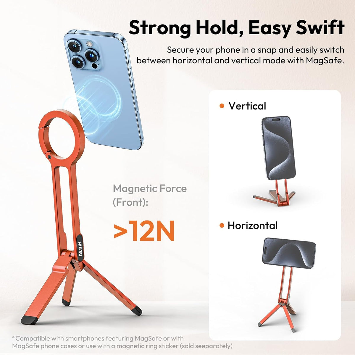 ULANZI MA30 Magnetic Phone Tripod Stand for iPhone - Aluminium Maglock Smartphone Mini Tripod Pocket Cell Phone Stand Strong Magnet Quick Mount Compatible with iPhone 16 15 14 13 12 Series, Orange