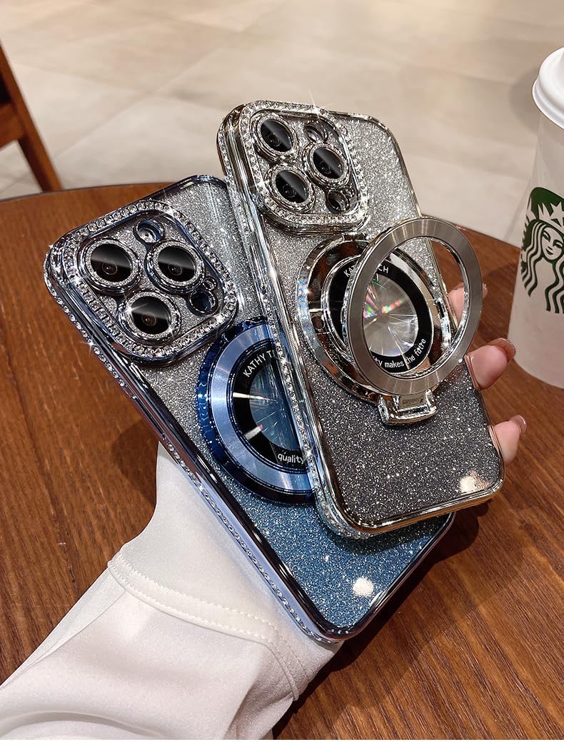 Magnetic Kickstand (Glitter Lens Protector ) Case for iPhone 15 14 13 12 Pro Max (Compatible with Magsafe ) Sparkling Diamond Cover Glitter Shiny Rhinestone Cases (Silver,for iPhone 15 Pro Max)