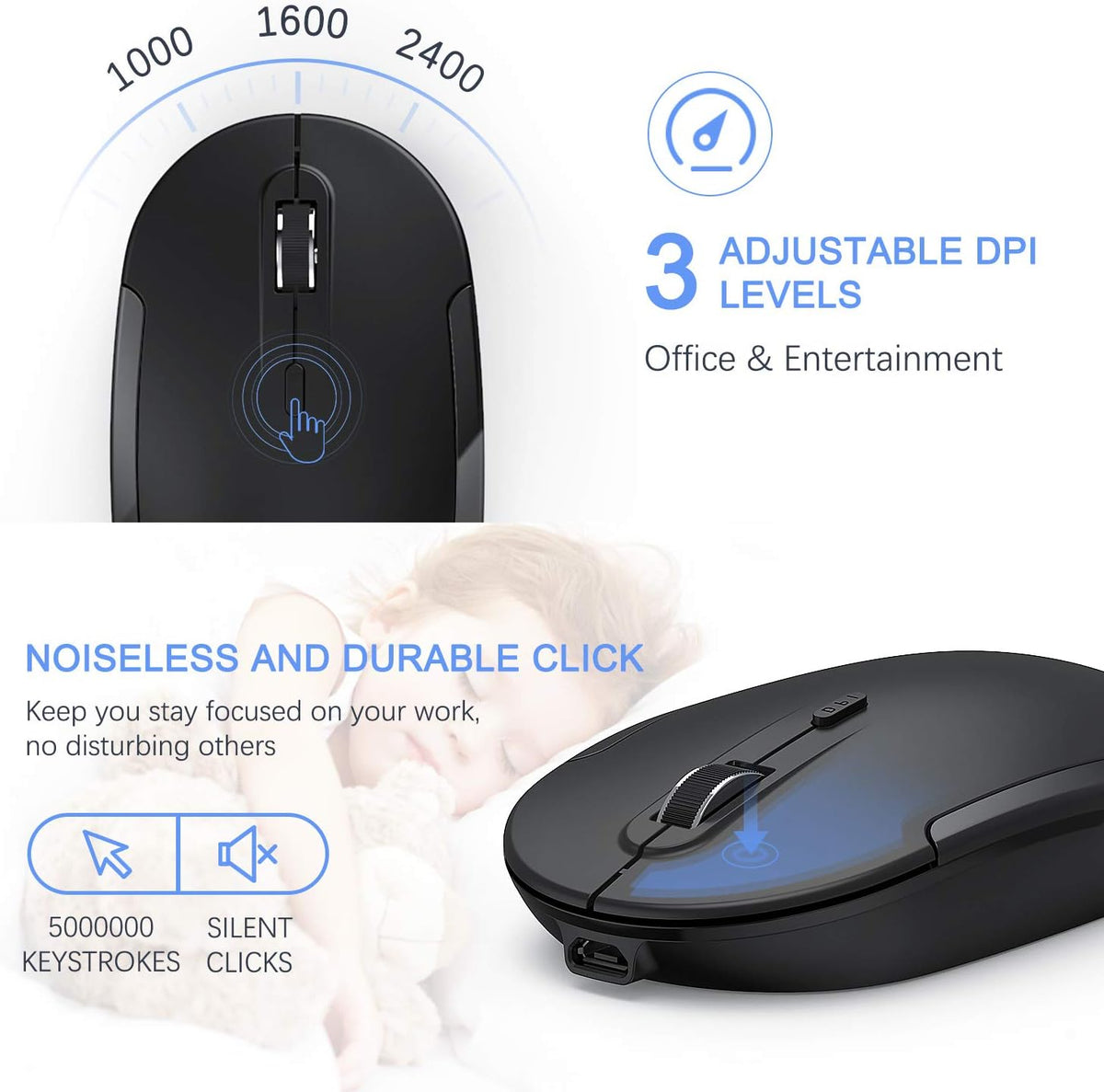 Wireless Keyboard and Mouse, Vssoplor 2.4GHz Rechargeable Compact Quiet Full-Size Keyboard and Mouse Combo with Nano USB Receiver for Windows, Laptop, PC, Notebook-Black