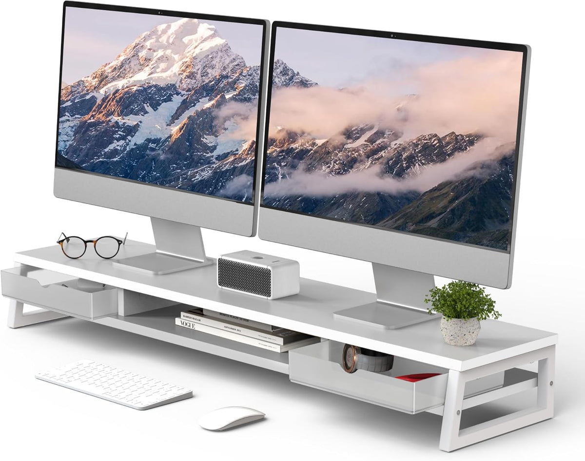 Fenge Dual Monitor Stand, Monitor Riser with Drawer, 42.5 Inch Large Computer Monitor Stand for 2 Monitors, 2 Tier Wooden Desk Shelf for Top of Desk