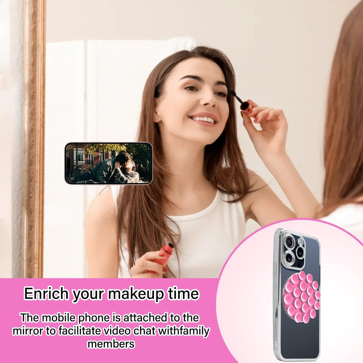Silicone Suction Phone Case Magnetic Mount, Hands-Free Accessory for iPhone and Android, Mirror Shower Holder (Black)