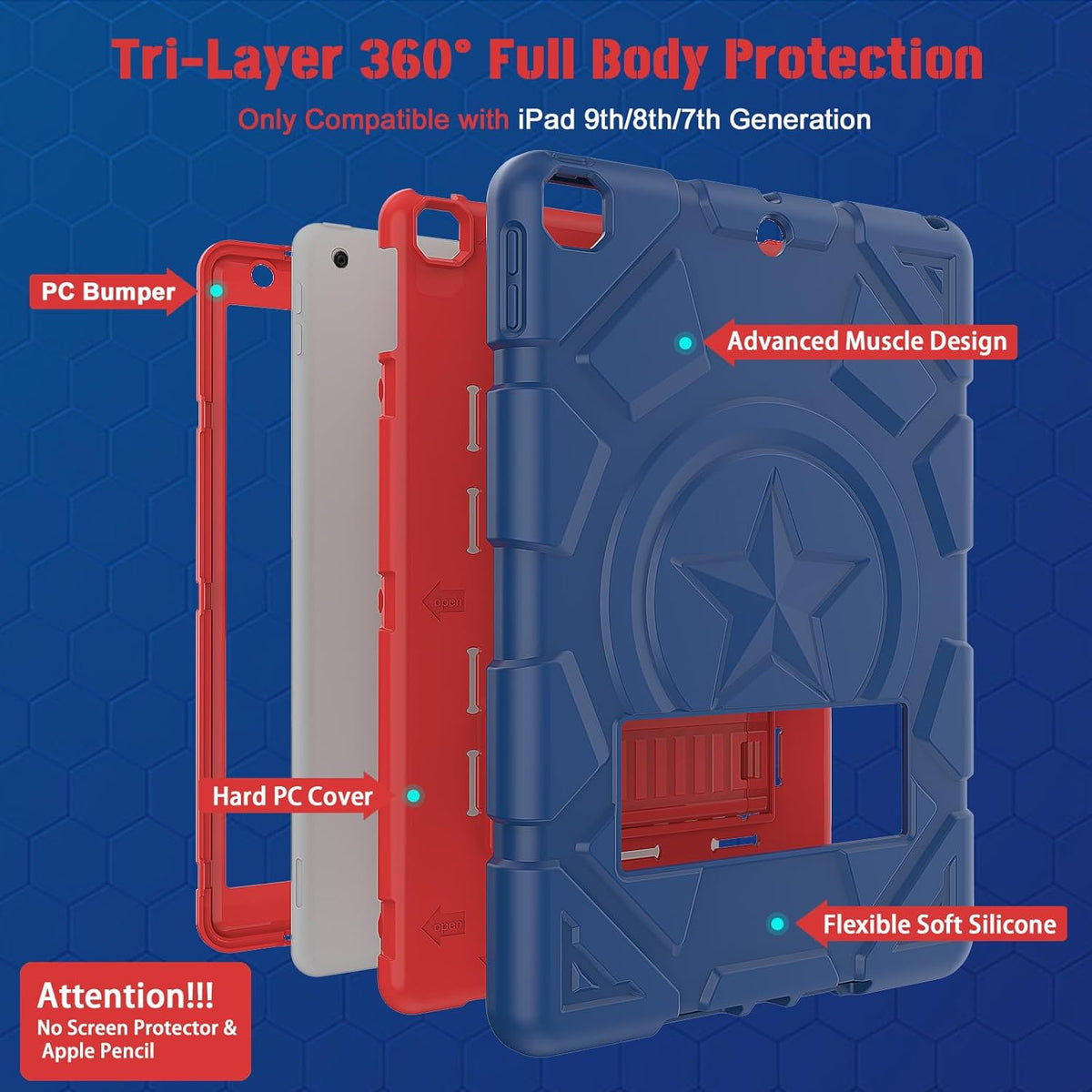 Rantice iPad 9th Generation Case, iPad 8th Generation Case, iPad 7th Generation Case, Hybrid Shockproof Rugged Drop Protection Cover with Kickstand for iPad 10.2'' (Navy Blue+Red)