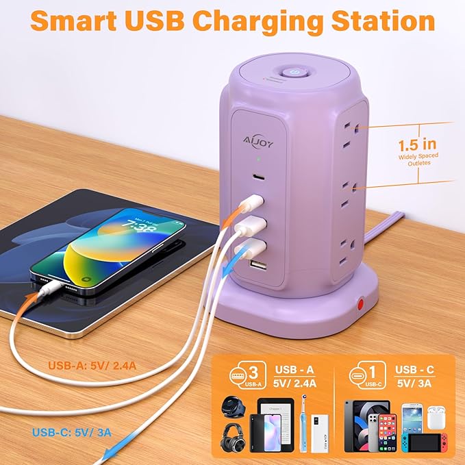 AiJoy Power Strip Tower with 9 AC Outlets and 5 USB Ports Charging Station
