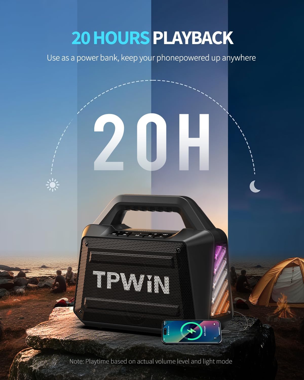Portable Bluetooth Speaker - 80W Peak Loud Speakers, 20H Playtime for Outdoor Adventure, Lightshow, TWS, Deep Bass, BT 5.3 Wireless, IPX6 Waterproof for Travel Hiking Camping Beach Pool - Black