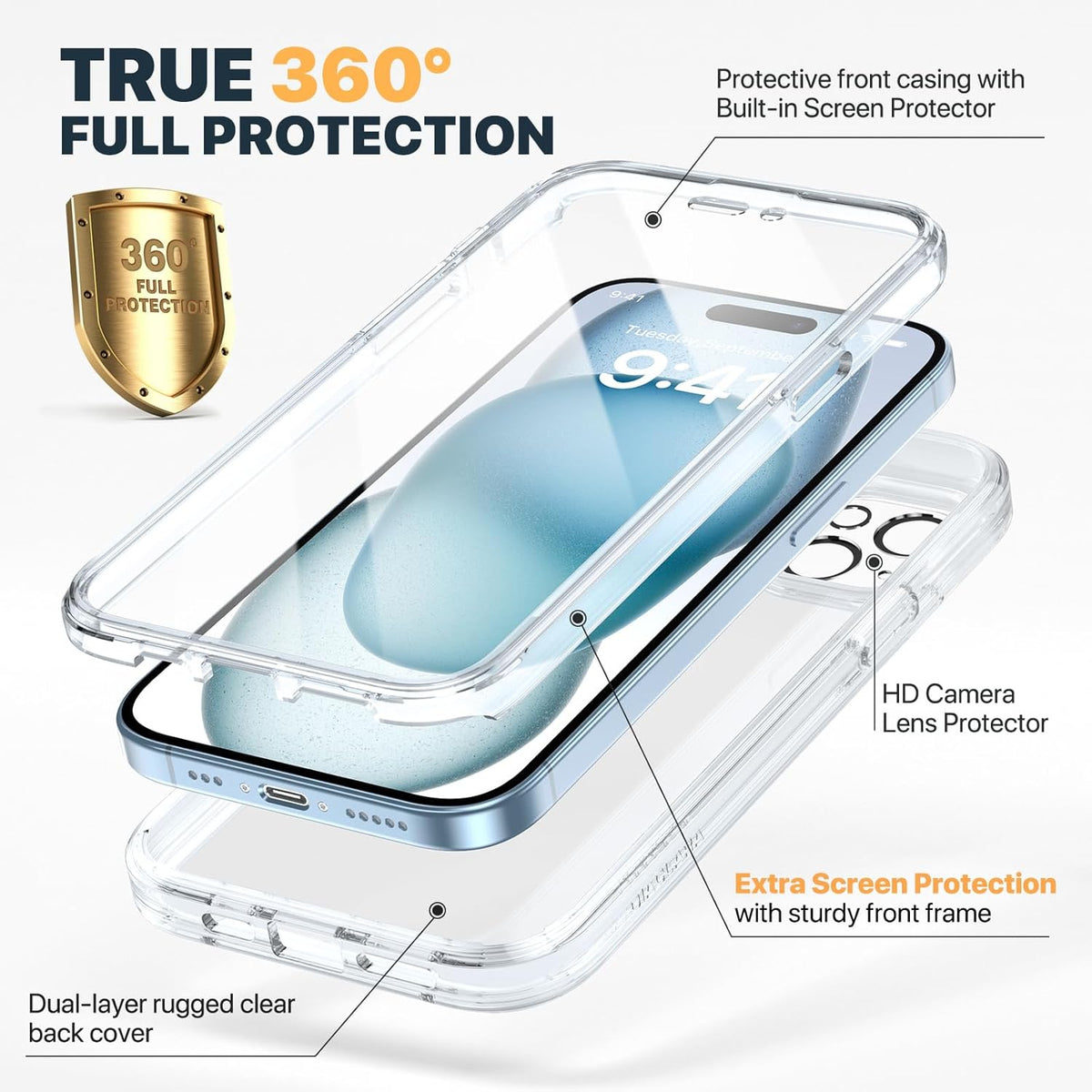 Diaclara Rugged Case for iPhone 15 Plus 6.7'', Full Body with Built-in Touch Sensitive Anti-Scratch Screen Protector -