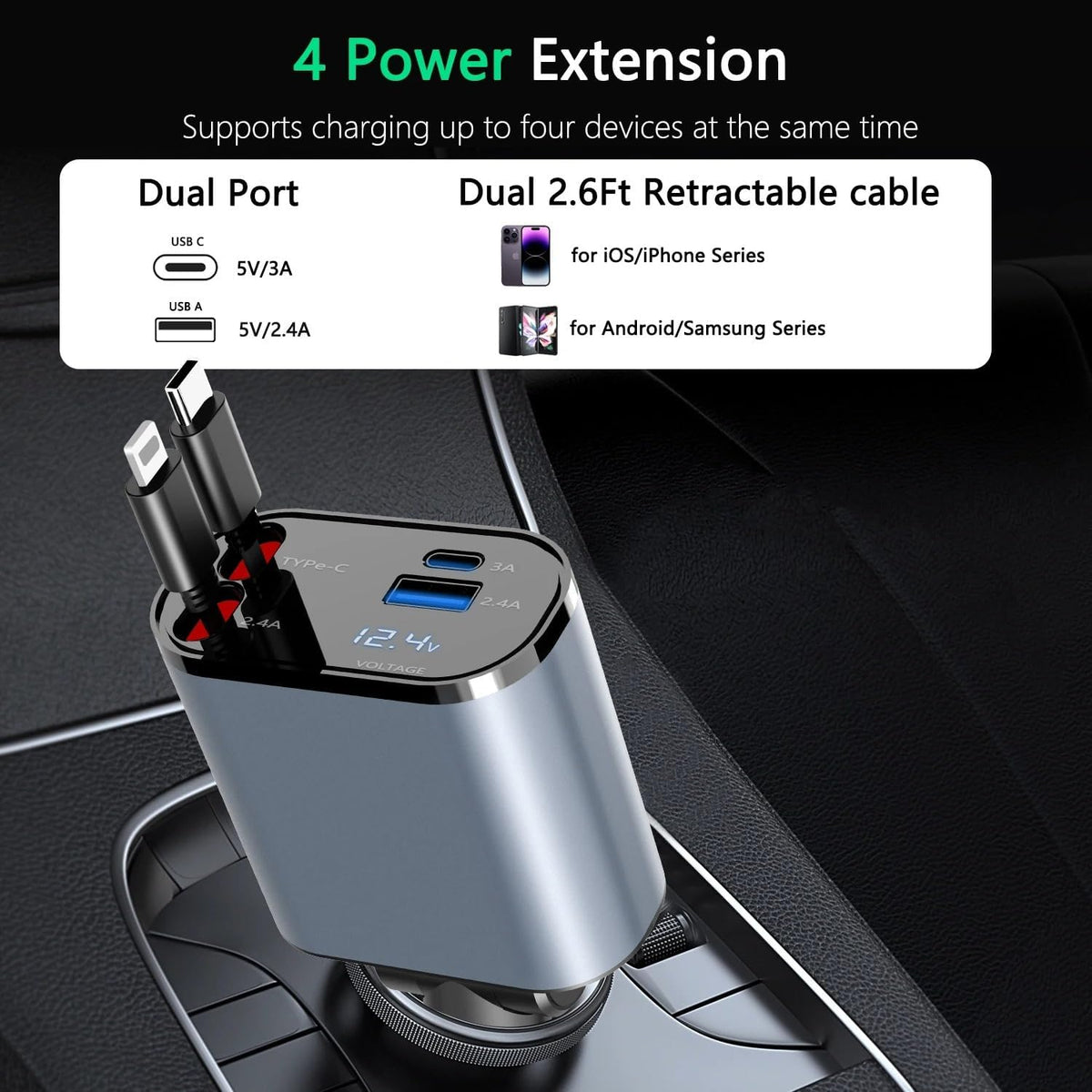 Retractable Car Charger, 4 in 1 Fast Charge Adapter 100W, Retractable Cables for iPhone & Type-C