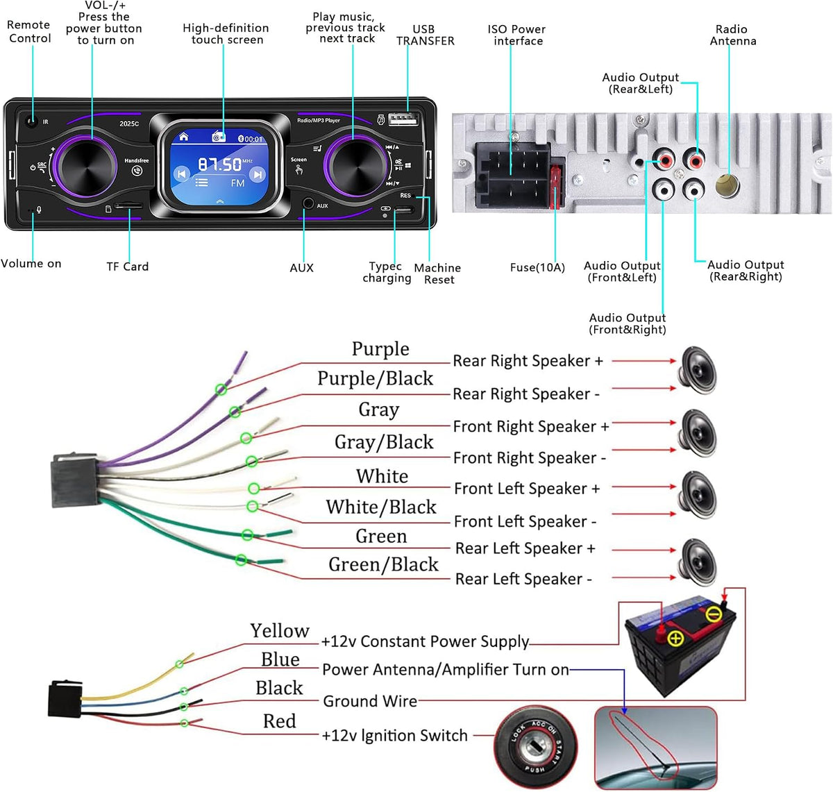 Dykucic MP3 7-Color Single Din Car Stereo with Touchscreen Bluetooth, Player Supports Steering Wheel Control, USB/SD/FM