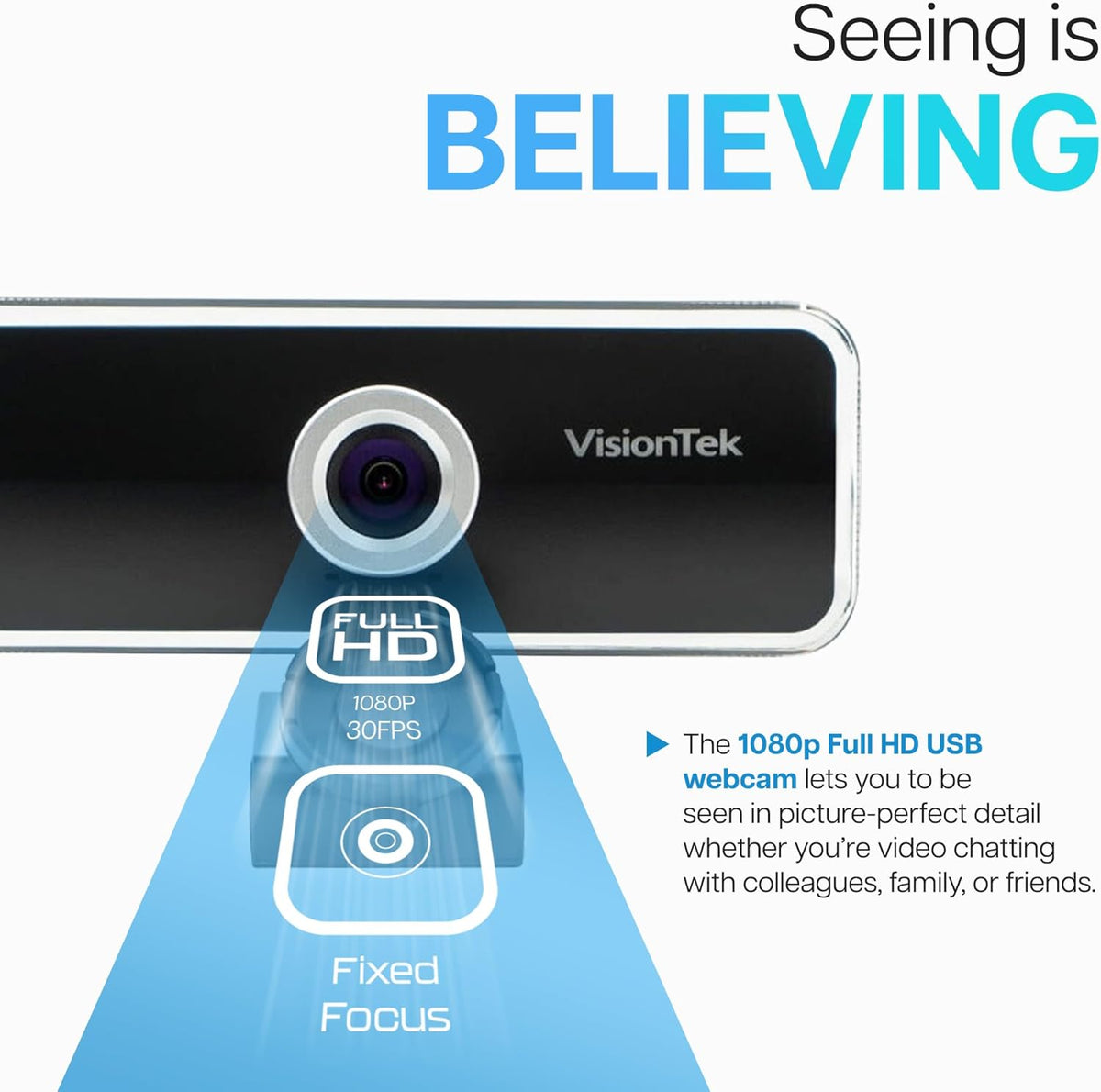 VisionTek VTWC20 Full HD (1080P 30FPS) Webcam, for Windows, Mac, Linux, & Chromebook w/Digital Microphone, Auto Focus, Privacy Cover, & Wide Viewing Angle