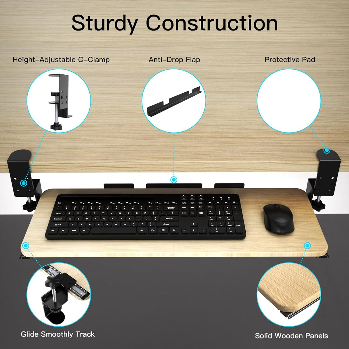 Ergonomic Keyboard Tray Under Desk Pull Out with Adjustable C-Clamp Mount, Slide-Out Computer Keyboard and Mouse Platform Drawer for Office and Home Typing (Light Wood)