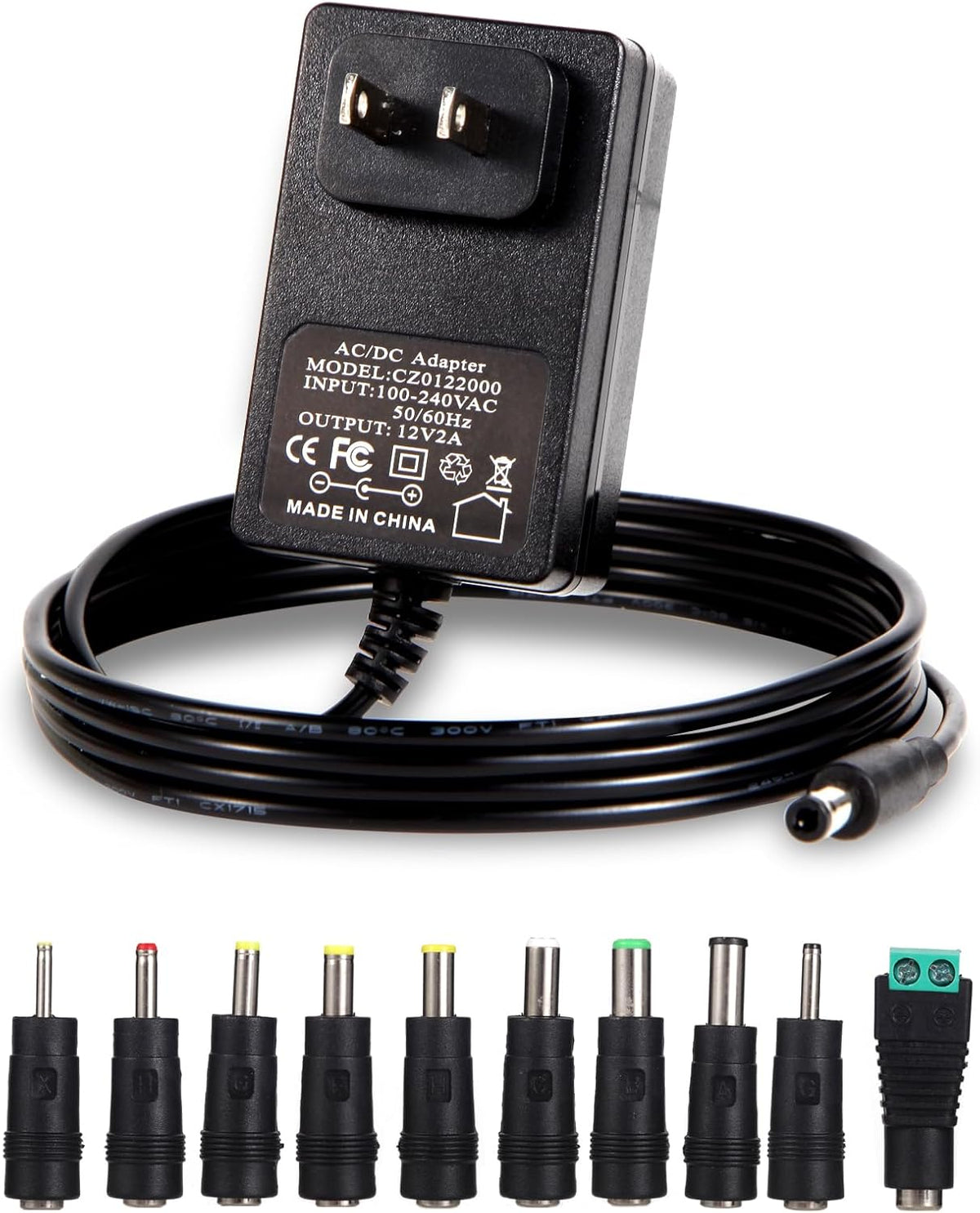 12V 2A Power Adapter Charger AC, 12V Regulated Power Supply with 10 Interchangeable DC Plugs for Electronics