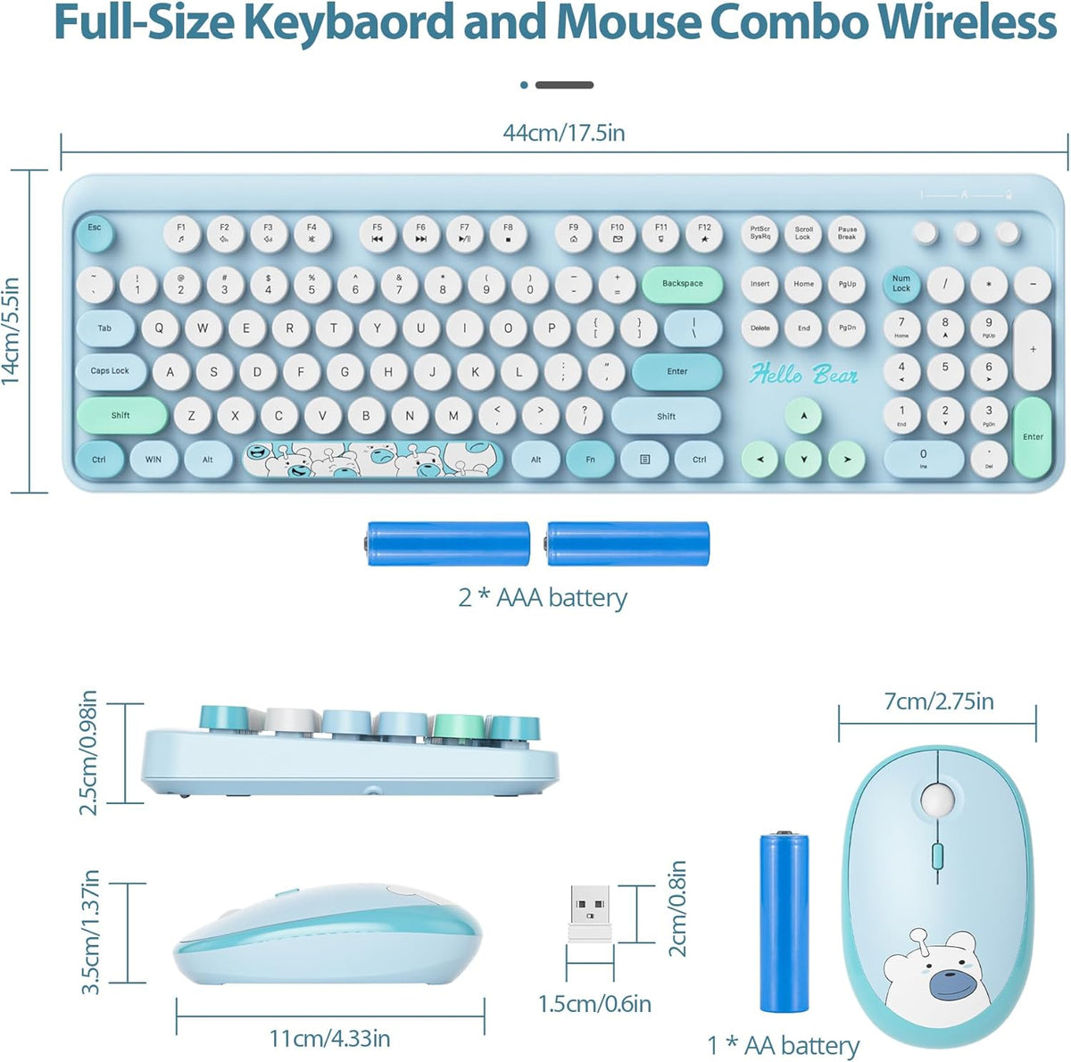 Fogruaden Wireless Keyboard and Mouse Combo, 2.4GHz Retro Typewriter Keyboard, 104 Full Size Round Keycap Cute Computer