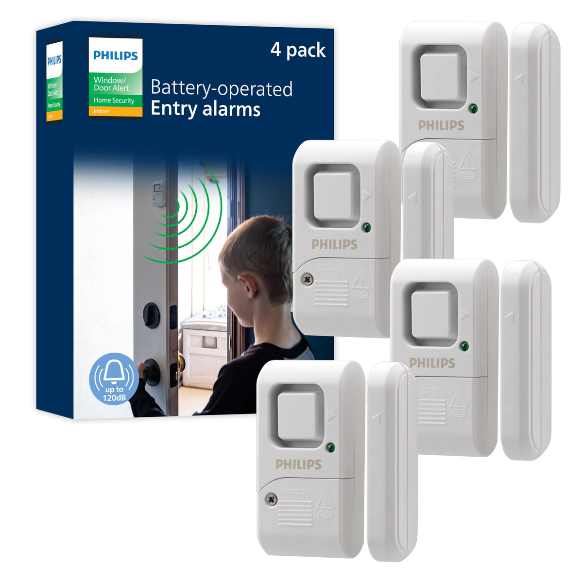 Philips Personal Security Window and Door Alarm, 4 Pack, DIY Protection, Burglar Alert, Wireless, Chime/Alarm, Easy Installation, Ideal for Home