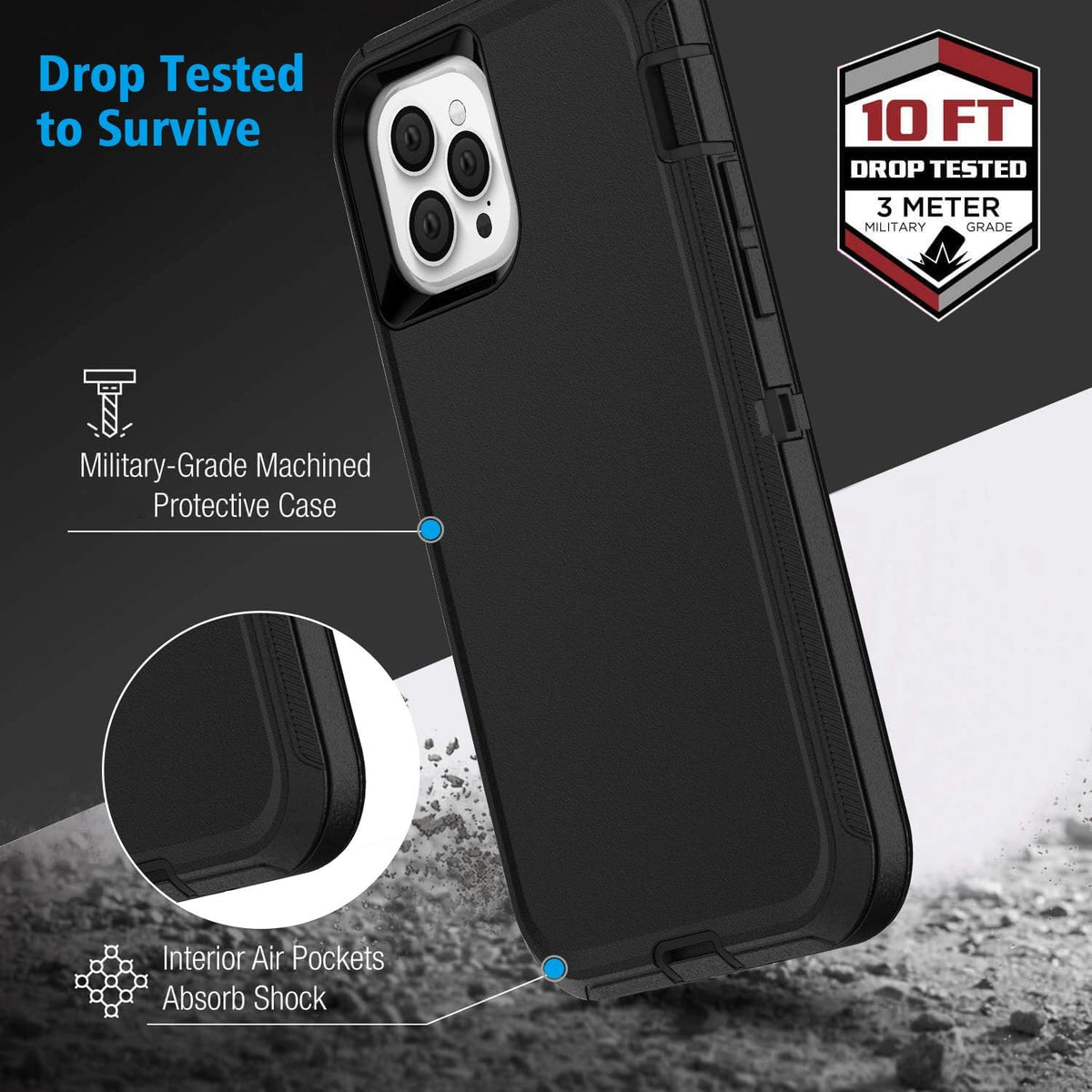 Defense iPhone 12 Case with Two Screen Protectors, 3 Layer Rugged Heavy Duty for iPhone 12/Pro