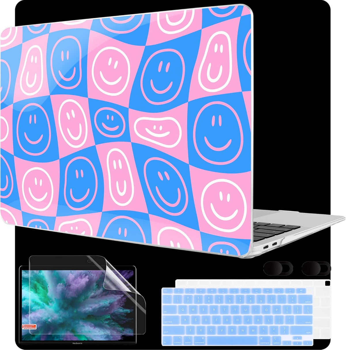 MEEgoodo for MacBook Air 13 inch Case 2021 2020 2019 2018 Released A2337 M1 A2179 A1932 with Touch ID, Plastic Shell & Keyboard Cover Compatible with MacBook Air Case 13.3, Smiling Faces & Checkered