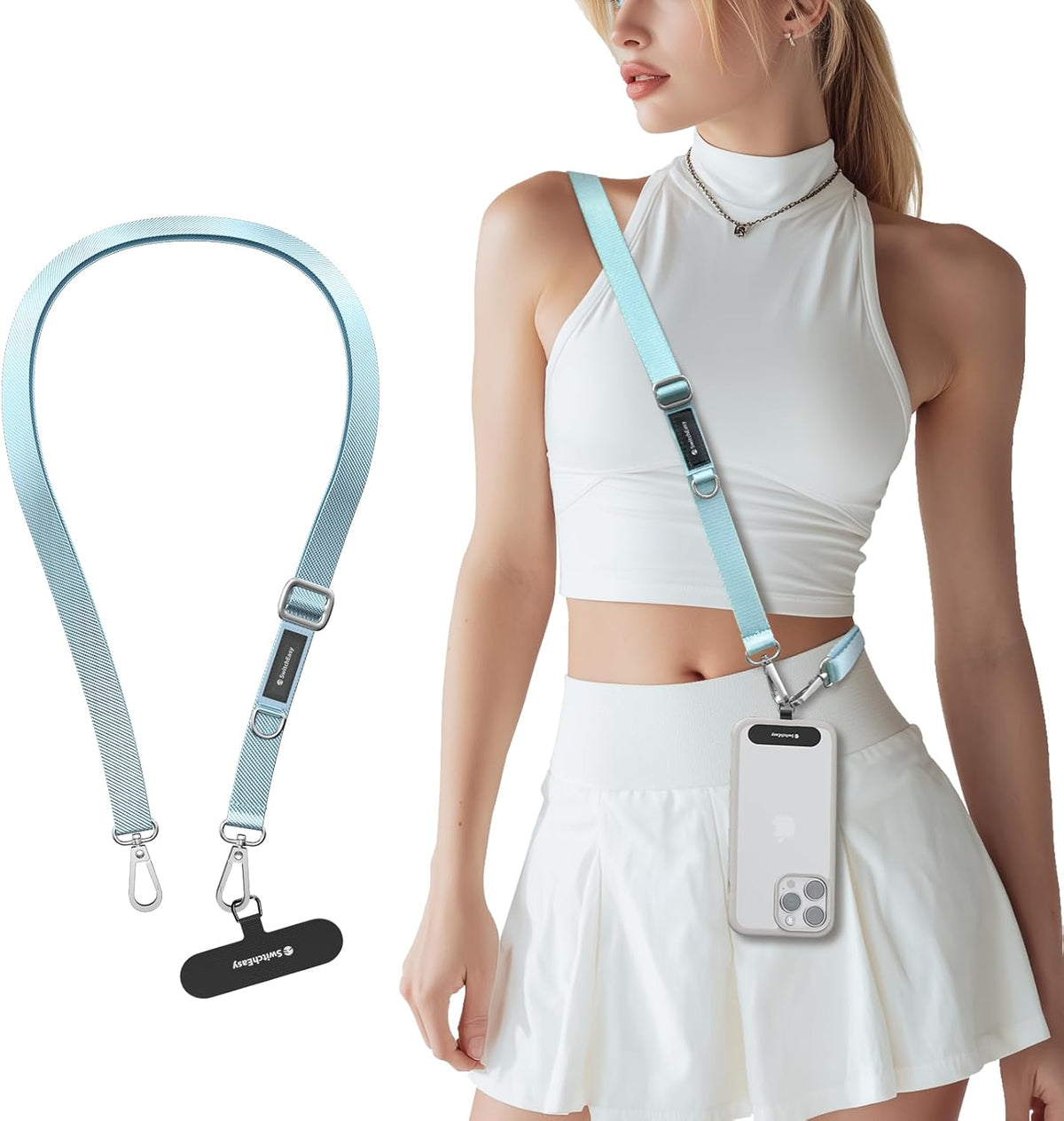 SWITCHEASY 20mm Adjustable Crossbody Phone Strap Compatible with Most Phones, Anti-Theft & Ant-Drop, Hands Free for Phone Lanyard Crossbody with Strap Card Phone Tether Tab - EasyStrap (Aquamarine)