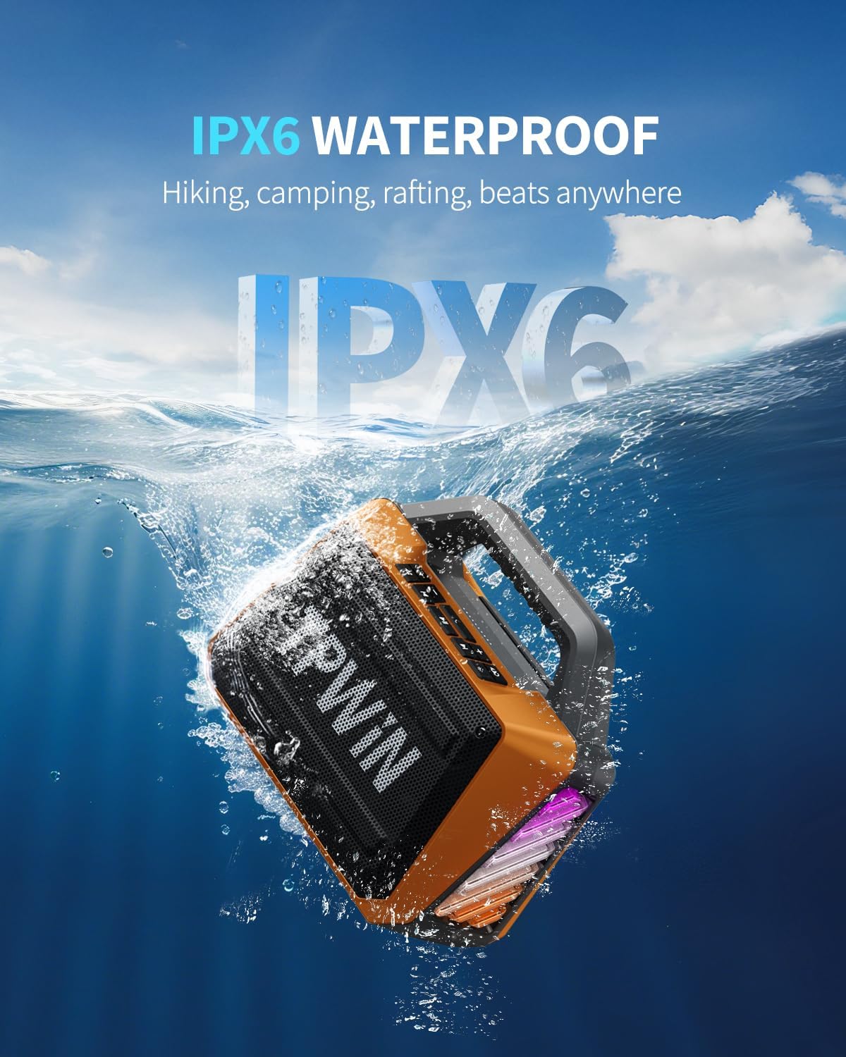 Portable Bluetooth Speaker Wireless - Loud Speakers 80W Peak, 20H Playtime, Light Show, TWS, Deep Bass, BT 5.3, IPX6 Waterproof for Outdoor Travel Camping Beach Pool - Orange