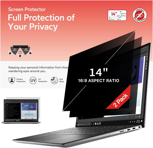 bersem 2 Pack 14 inch Laptop Privacy Screen for 16:9 Ratio Computer Monitor, Anti-Glare, Blue Light Filter, Removable, UV-Blocking