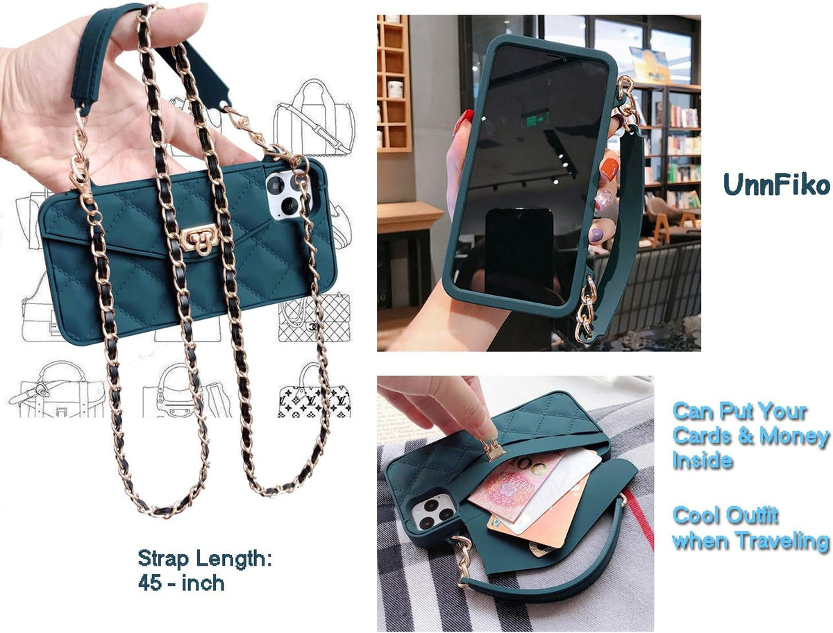 UnnFiko Cute Wallet Case for iPhone 11 Pro, Light Luxury Bag Design, Soft Silicone Cover with Handstrap (Dark Green)