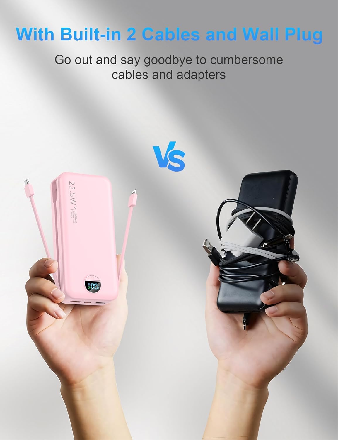 Portable Charger with Wall Plug, 20000mAh USB C Power Bank Fast Charging, External Battery Pack with Built in Cables, Digital Display, 5 Output 2 Input for iPhone Android Cell Phone Tablet