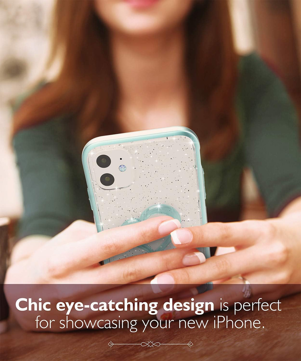 VENA vLove Teal Glitter Clear Case, Compatible with Apple iPhone 11 (6.1"-inch 2019), Heart Shape Dual Layer