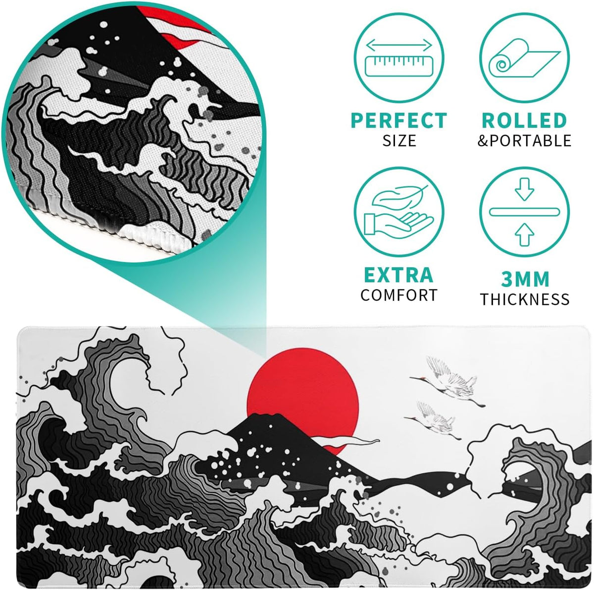Japanese Red and Black Wave Gaming Mouse Pad Extended Large Mouse Mat Desk Pad Sea Texture Non-Slip Rubber Base Wave Mousepad Stitched Edges Keyboard Desk Pad for Office Home Game 31.5x11.8 Inch