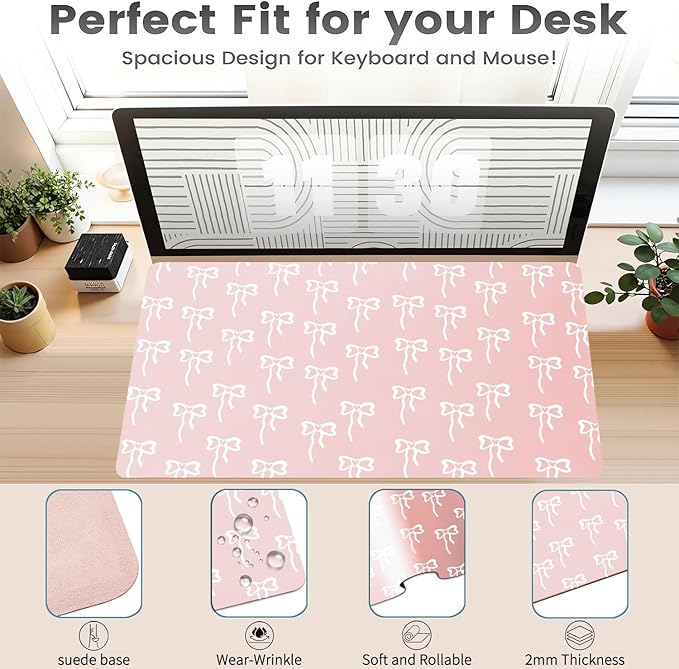 Trendy Girl Bow Desk Mat 27.6''X13.8''Cute Kawaii Design Desktop Mat Pu Leather Large Mouse Pad Aesthetic Mousepad Non-Slip Table Mat for Girls Women Office Home Work Computer Game
