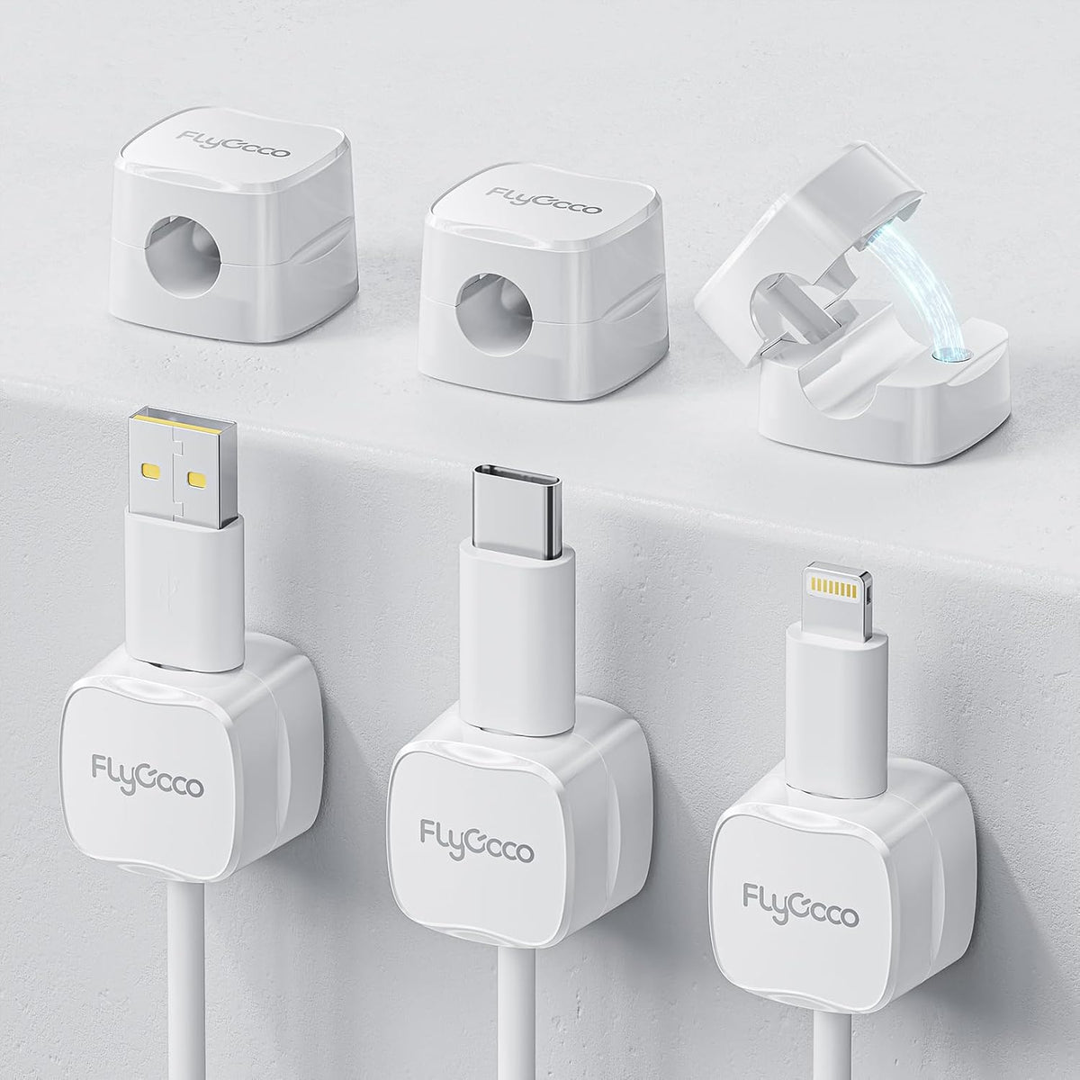 Flycoco 6 Pack Magnetic Cord Organizer, Cable Management Clips for Desk, Phone Charging Cable Storage Holder (White)