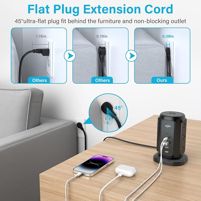 AiJoy Power Strip Tower with 9 AC Outlets and 5 USB Ports Charging Station