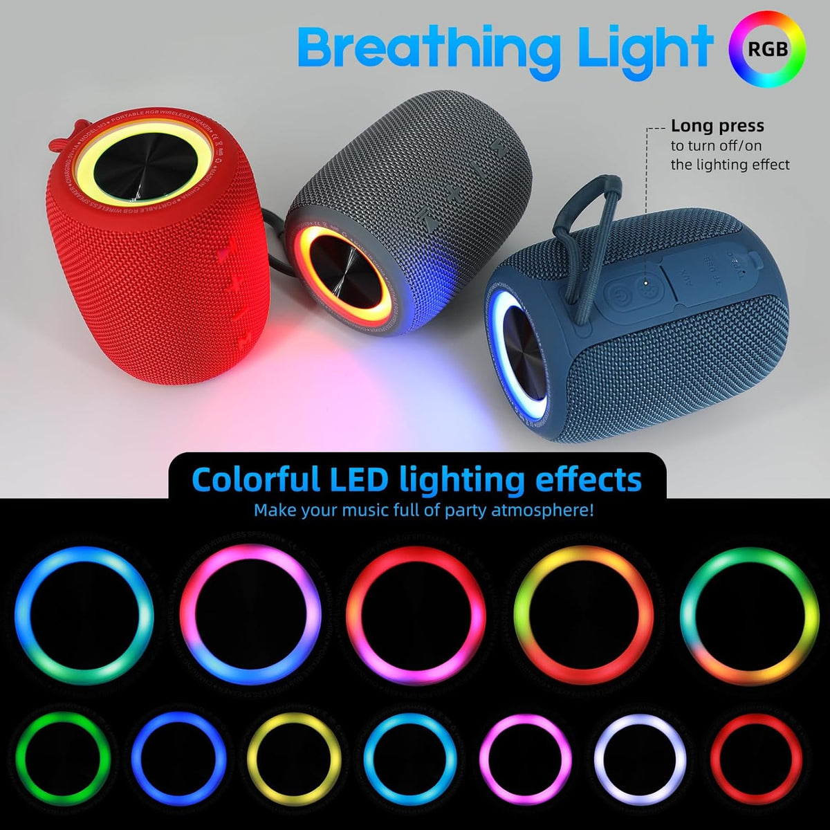 Portable Bluetooth Speaker, BT5.3 Wireless Speaker 20W Bass Diaphragms with Multi LED Light Dynamic Modes, IPX6 Waterproof 16H Playtime supports FM Mode, TF, USB for Home, Cycling, Outdoor, Beach