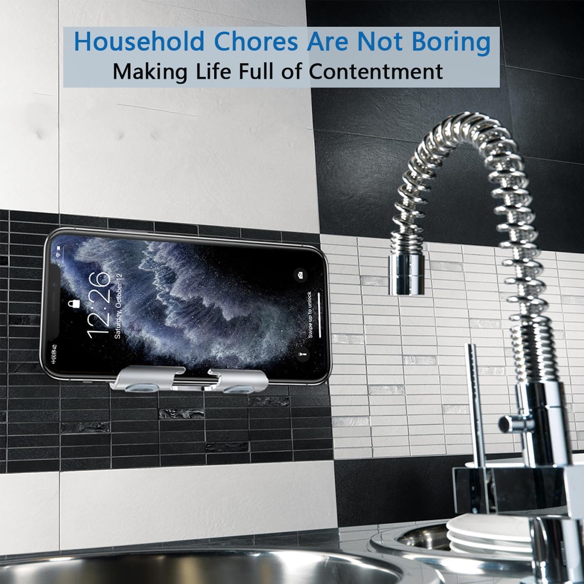 Shower Phone Holder with 2PCS Adhesive Stickers, Wall Mount Stand for Bathroom and Kitchen (Silver-Gray)