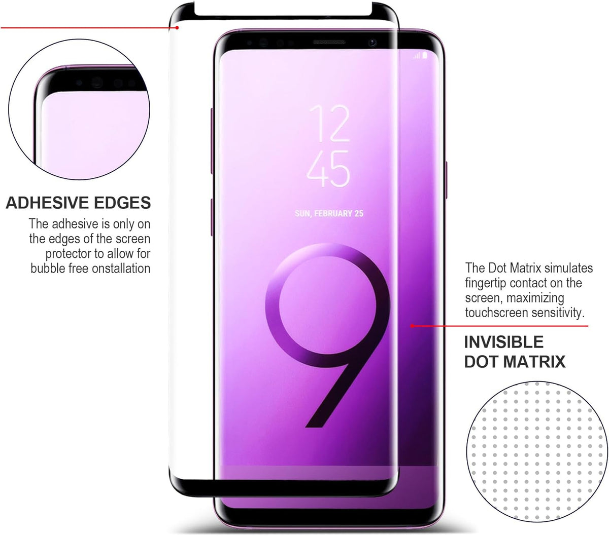 3D Curved Tempered Glass Screen Protector for Galaxy S9 Plus - 3 Pack with Easy Installation Tray, Case Friendly.