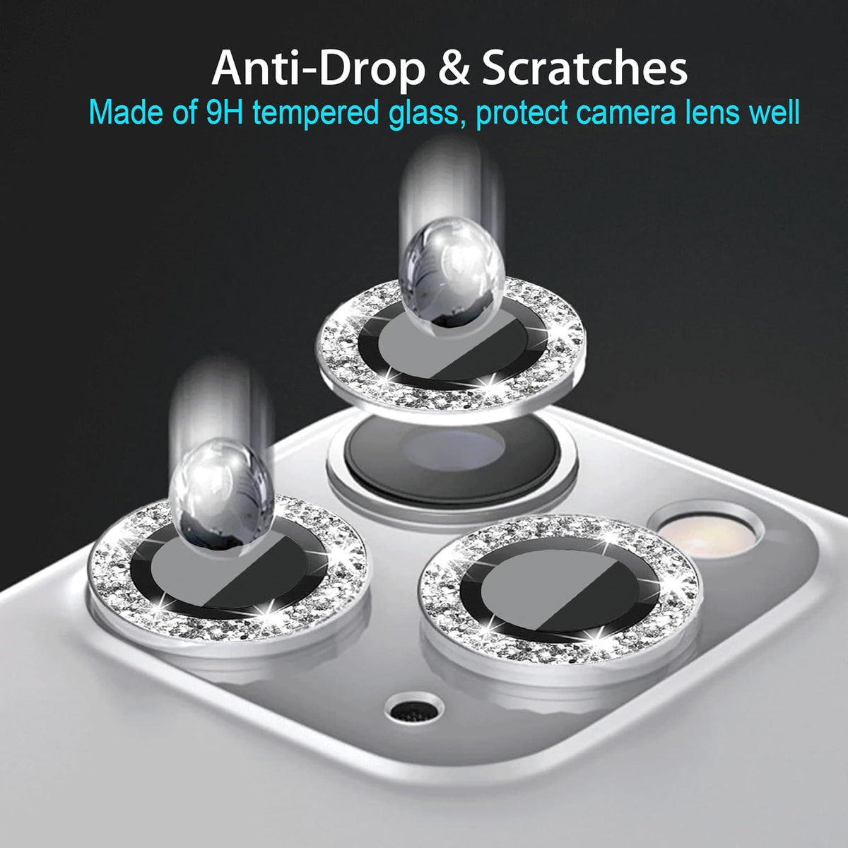 Nothers Bling Camera Lens Protector 3 Pack for iPhone 12/12 Pro/12 Mini/11/11 Pro/11 Max, HD Tempered Glass, Silver.