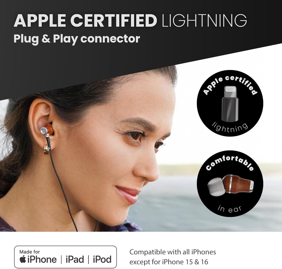 Symphonized iPhone Earphones Wired Deep Bass Sound, 3D Sound, Microphone Volume Control, 90% Noise Cancelling, Bubinga Wooden with Lightning (Apple MFI Certified), iPhone SE to 14 Earbuds (Black)