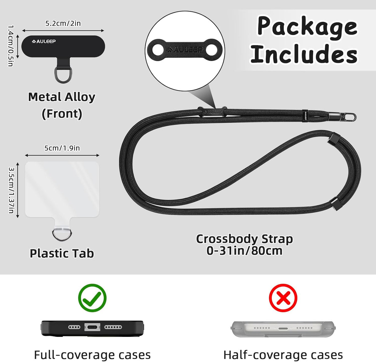 AULEEP Universal Phone Lanyard Corssbody, Anti-theft Phone Strap for Women and Men, Adjustable Cell Phone Neck Lanyard for all iPhone and Smartphone, with 2 Phone Tethers (Metal & Plastic), Black