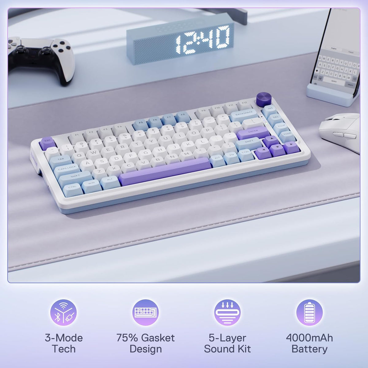 Redragon K673 MAX 75% Wireless Gasket RGB Gaming Keyboard, 3-Modes 81 Keys PBT Compact Mechanical Keyboard w/Hot-Swap Socket, Dedicated Knob Control & 5-Layer Noise Dampening, Custom Linear Switch
